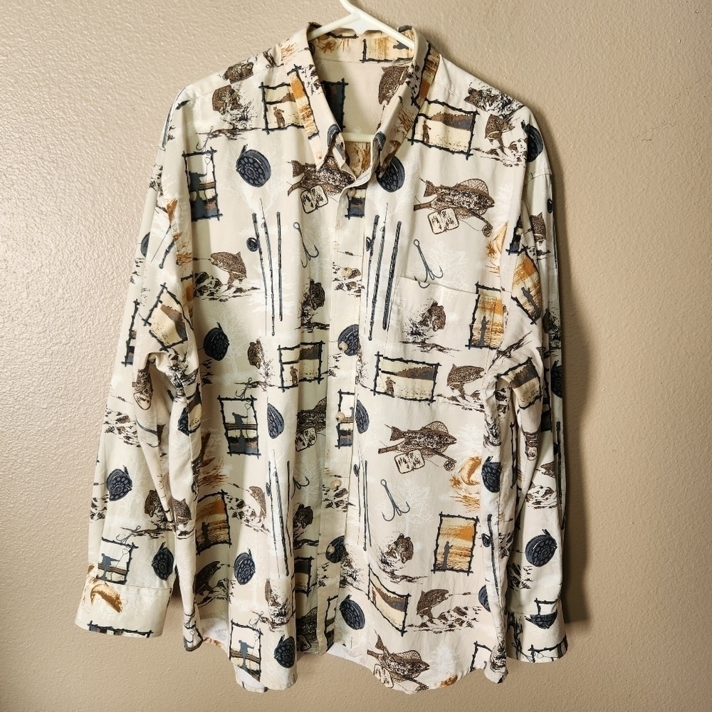 Natural Issue Fly Fishing Printed Buttondown Long Sleeve Cotton Shirt-Size XL
